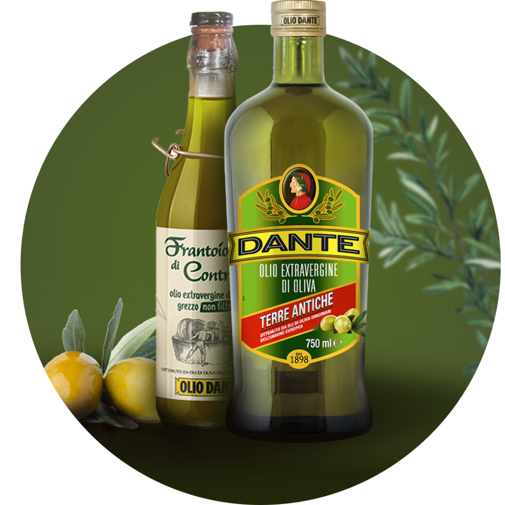 Two olive oil bottles (one large Dante label in front and a smaller Frantoio bottle behind) with yellow olives and olive leaves at the bottom on a green background.
