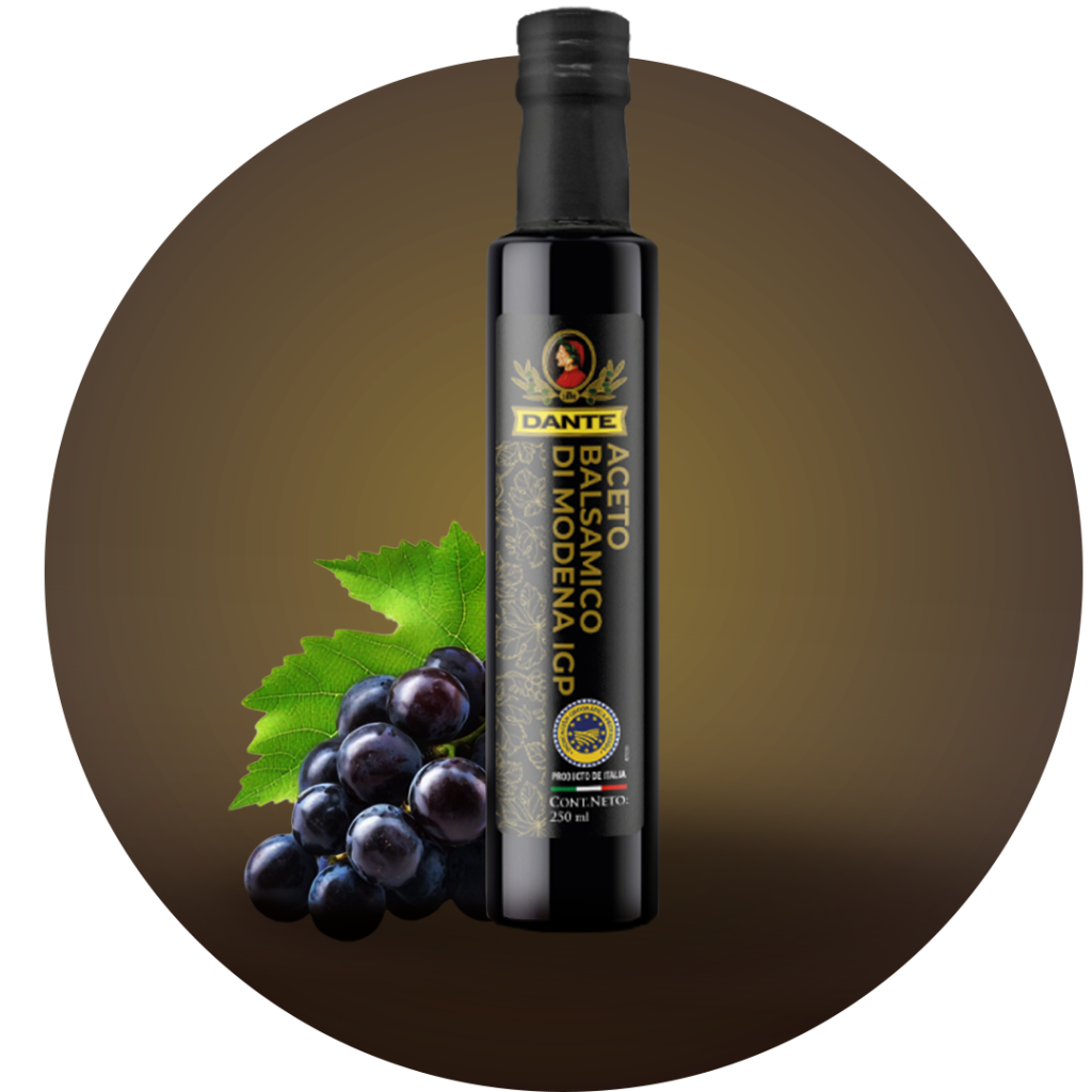Bottle of Dante Aceto Balsamico di Modena IGP with a cluster of grapes and a green leaf beside it on a brown gradient background