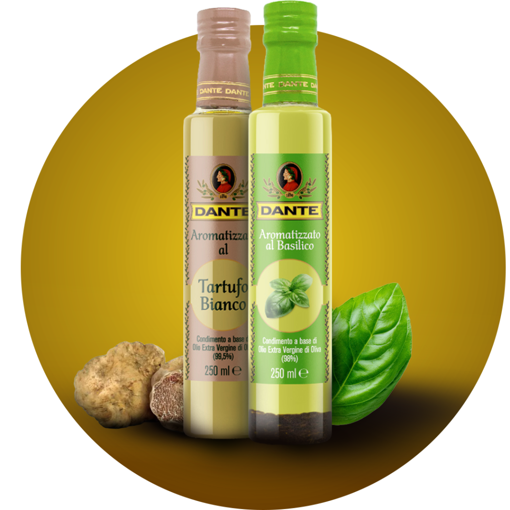 Two Dante flavored olive oil bottles (white truffle and basil) with a ginger root and a basil leaf on a gold gradient background, product display.