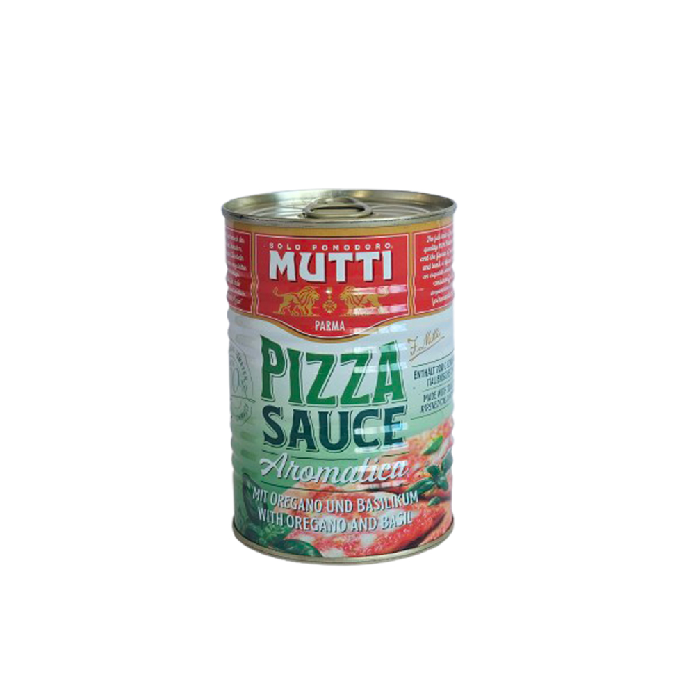 Can of Mutti pizza sauce with Italian labeling, red and green design and oregano-basil notes around the label