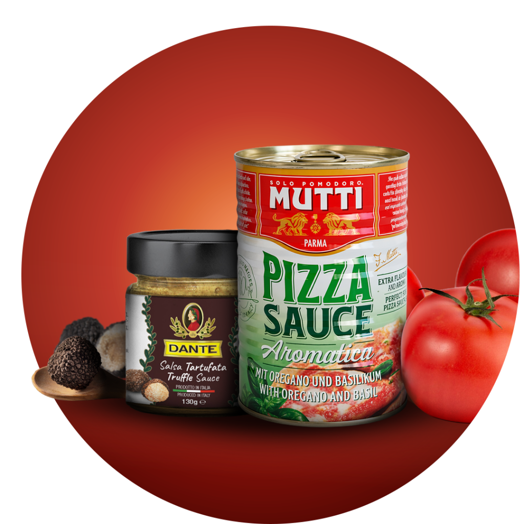 Two jars of Italian sauces (Dante truffle sauce and Mutti pizza sauce) with fresh tomatoes on a red gradient background